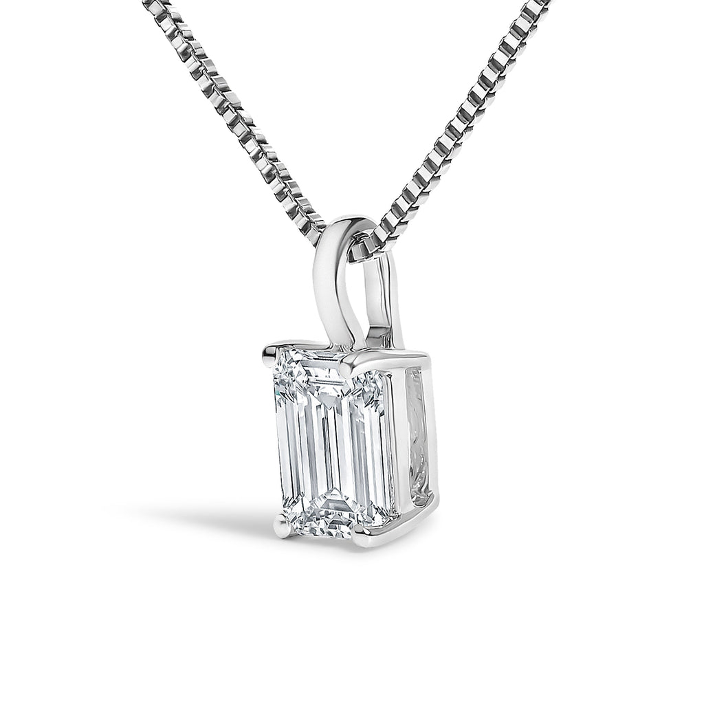 14K White Gold 3/4 Cttw Lab Grown Emerald Cut Solitaire Diamond Pendant Necklace