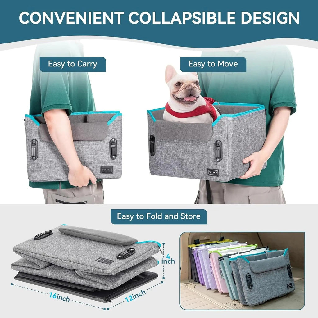 Foldable Dog Car Seat Booster – Safety Buckles & Tether