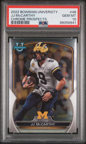 Graded 2022 Topps Bowman University JJ McCarthy #48 Chrome Prospects Rookie RC Football Card PSA 10 Gem Mint
