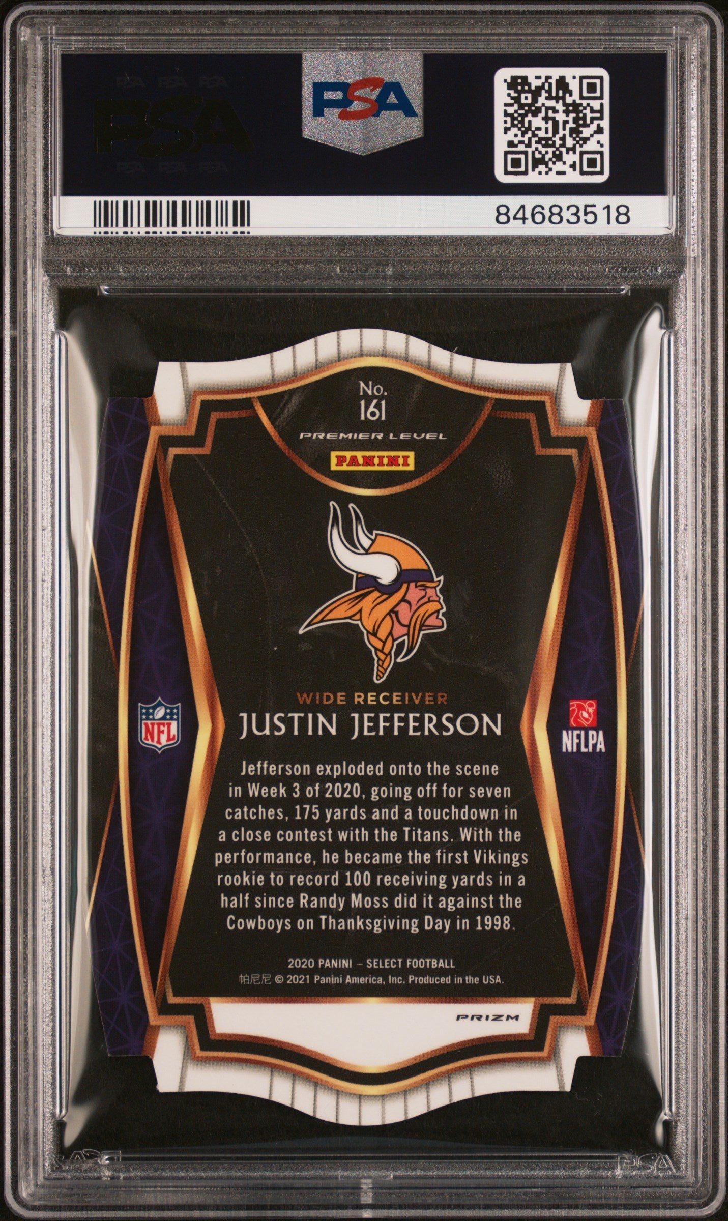 Graded 2020 Panini Select Justin Jefferson #161 Die Cut White Prizm Rookie RC Football Card PSA 10 Gem Mint