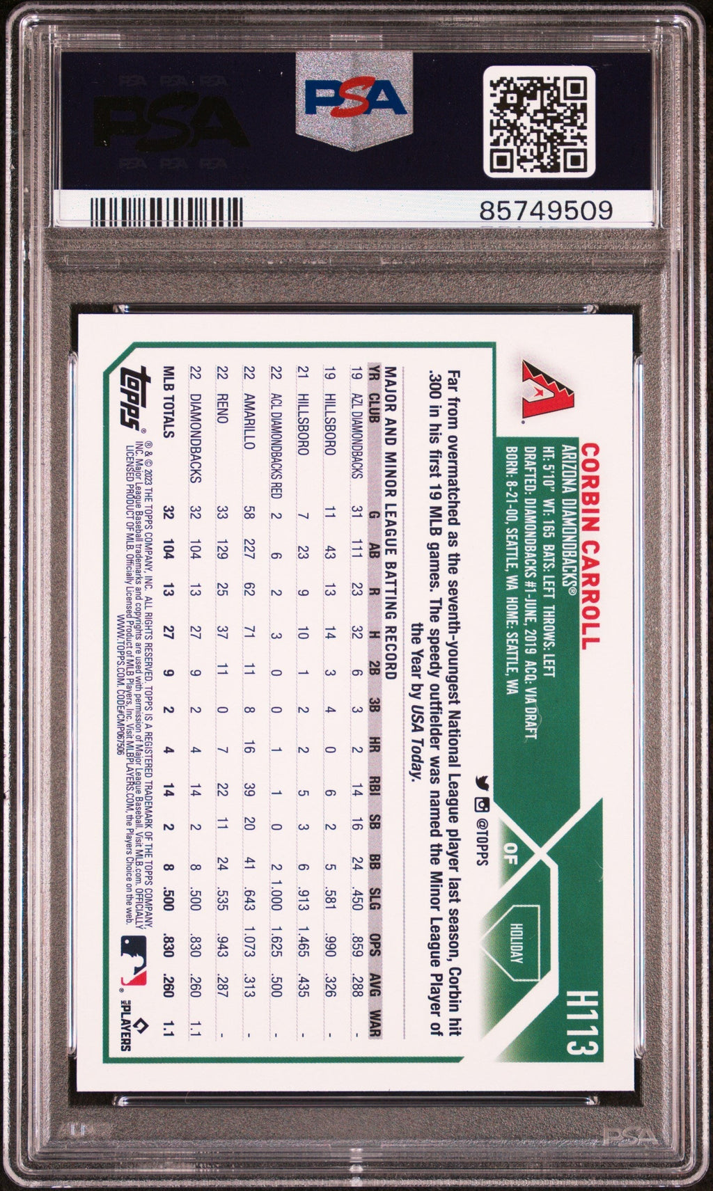 Graded 2023 Topps Holiday Corbin Carroll #H113 Rookie RC Baseball Card PSA 10 Gem Mint