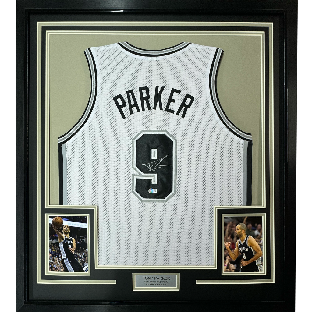 Framed Autographed/Signed Tony Parker 35x39 San Antonio White Basketball Jersey Beckett BAS COA