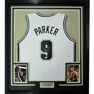 Framed Autographed/Signed Tony Parker 35x39 San Antonio White Basketball Jersey Beckett BAS COA