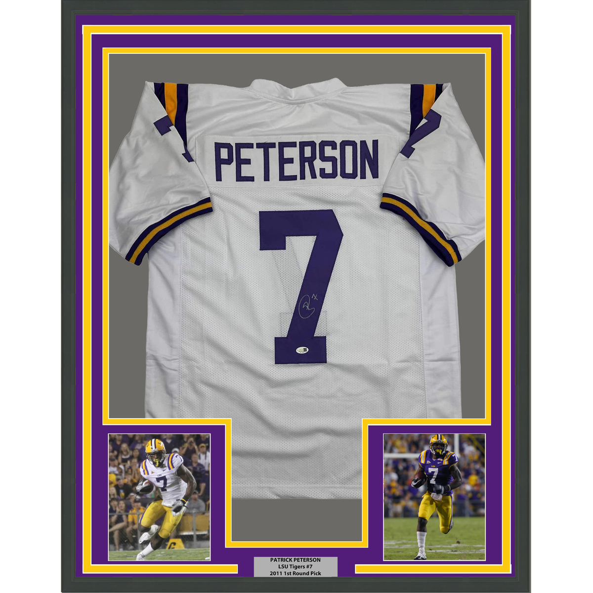 Framed Autographed/Signed Patrick Peterson 35x39 LSU White College Football Jersey JSA COA