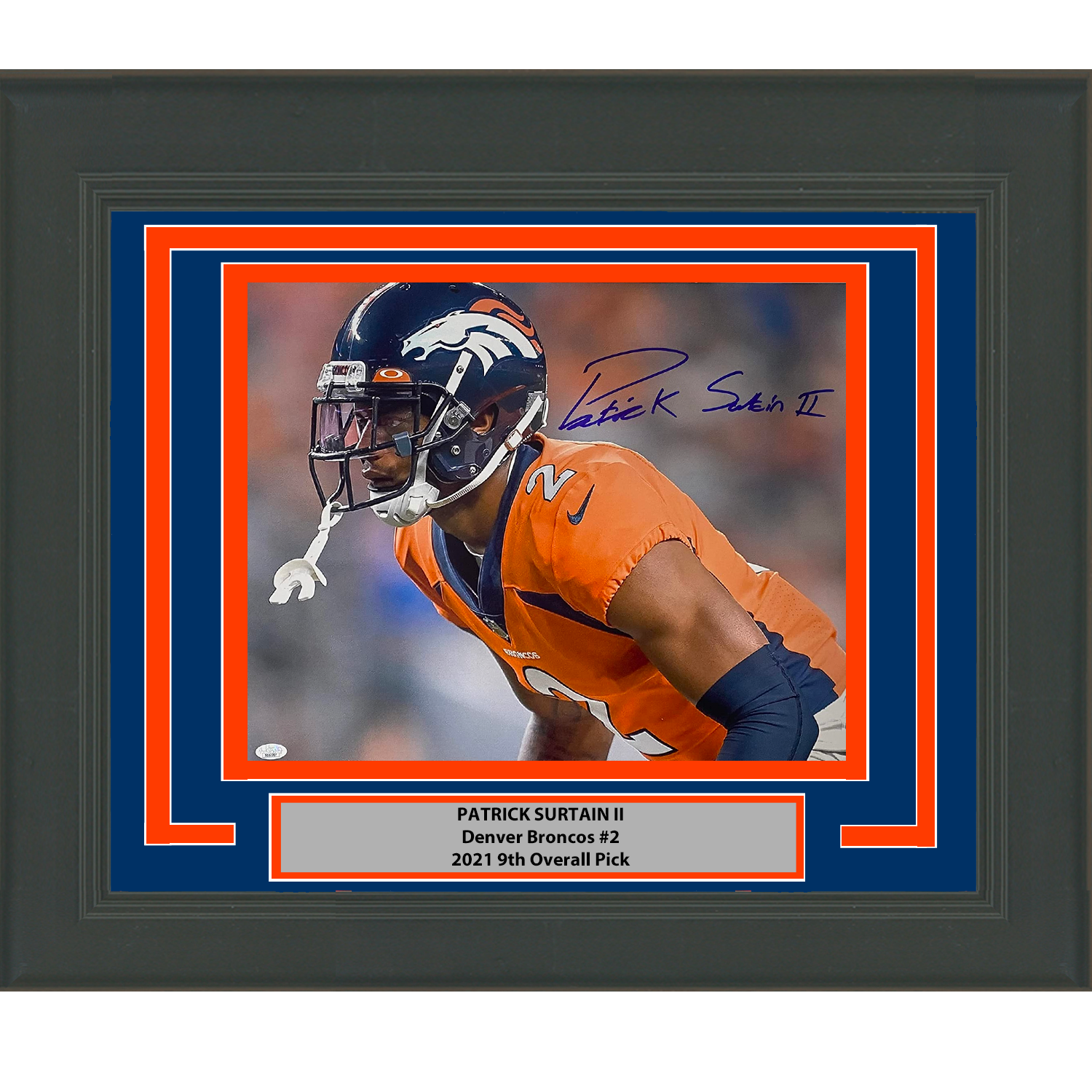 Framed Autographed/Signed Patrick Surtain II Denver Broncos 16x20 Football Photo JSA COA