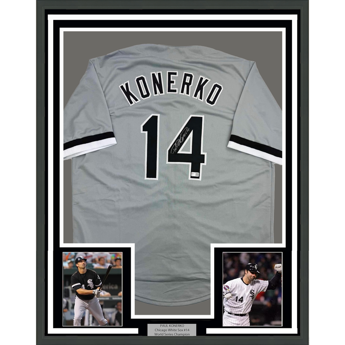 Framed Autographed/Signed Paul Konerko 35x39 Chicago Grey Baseball Jersey TriStar COA