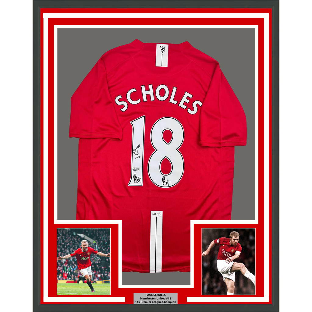 Framed Autographed/Signed Paul Scholes 35x39 Manchester United Red Soccer Jersey Beckett BAS COA