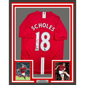 Framed Autographed/Signed Paul Scholes 35x39 Manchester United Red Soccer Jersey Beckett BAS COA