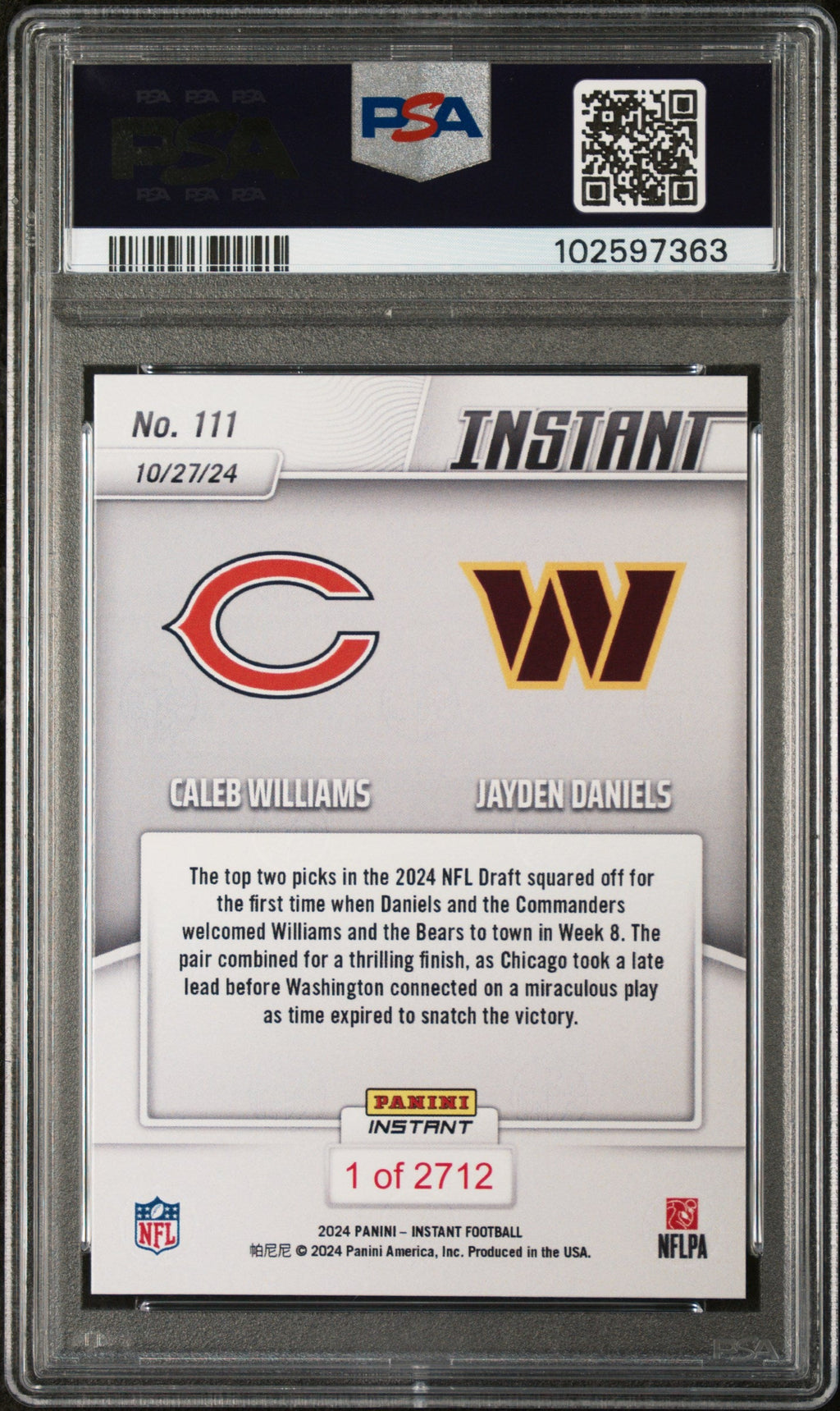 Graded 2024 Panini Instant NFL Jayden Daniels/Caleb Williams #111 Rookie RC Football Card PSA 8 Near Mint