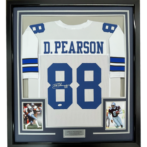 Framed Autographed/Signed Drew Pearson 35x39 Dallas White Football Jersey JSA COA