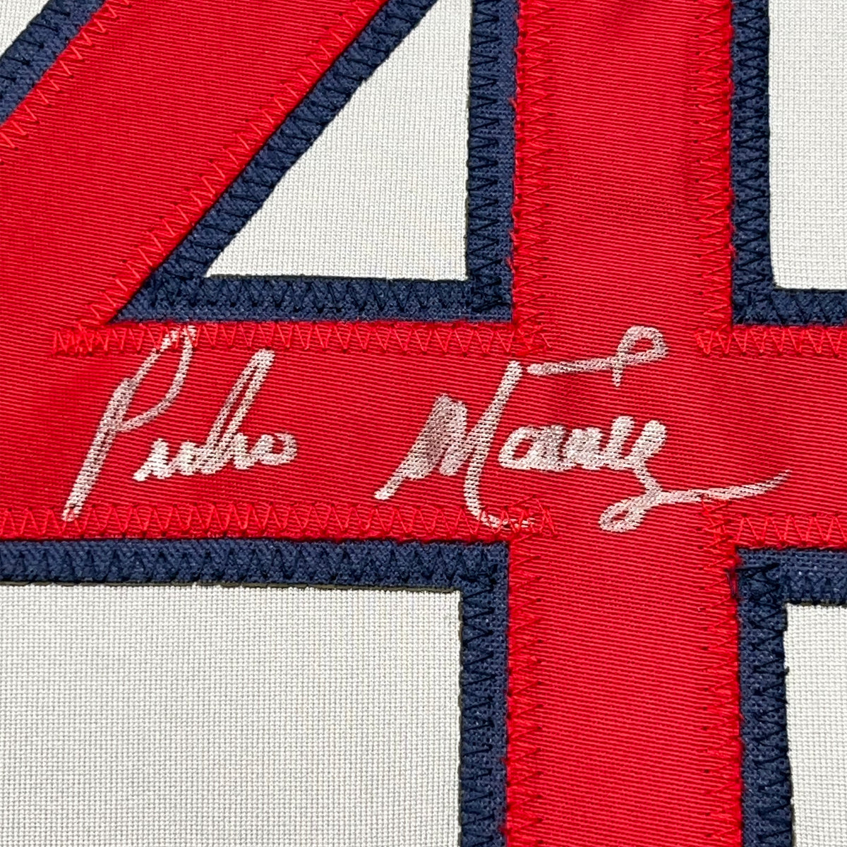 Framed Autographed/Signed Pedro Martinez 35x39 Boston Grey Baseball Jersey JSA COA