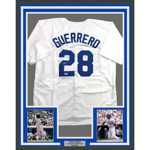Framed Autographed/Signed Pedro Guerrero 35x39 Los Angeles LA White Baseball Jersey Beckett BAS COA