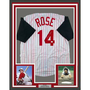 Framed Autographed/Signed Pete Rose 35x39 Cincinnati Pinstripe Baseball Jersey Athlete Hologram COA Holo