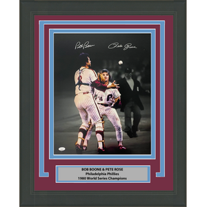 Framed Autographed/Signed Bob Boone & Pete Rose Dual 1980 World Series Philadelphia Phillies 16x20 Baseball Photo JSA COA
