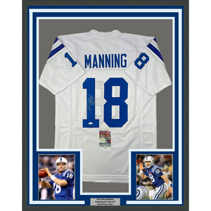 Framed Autographed/Signed Peyton Manning 35x39 Indianapolis White Football Jersey JSA COA