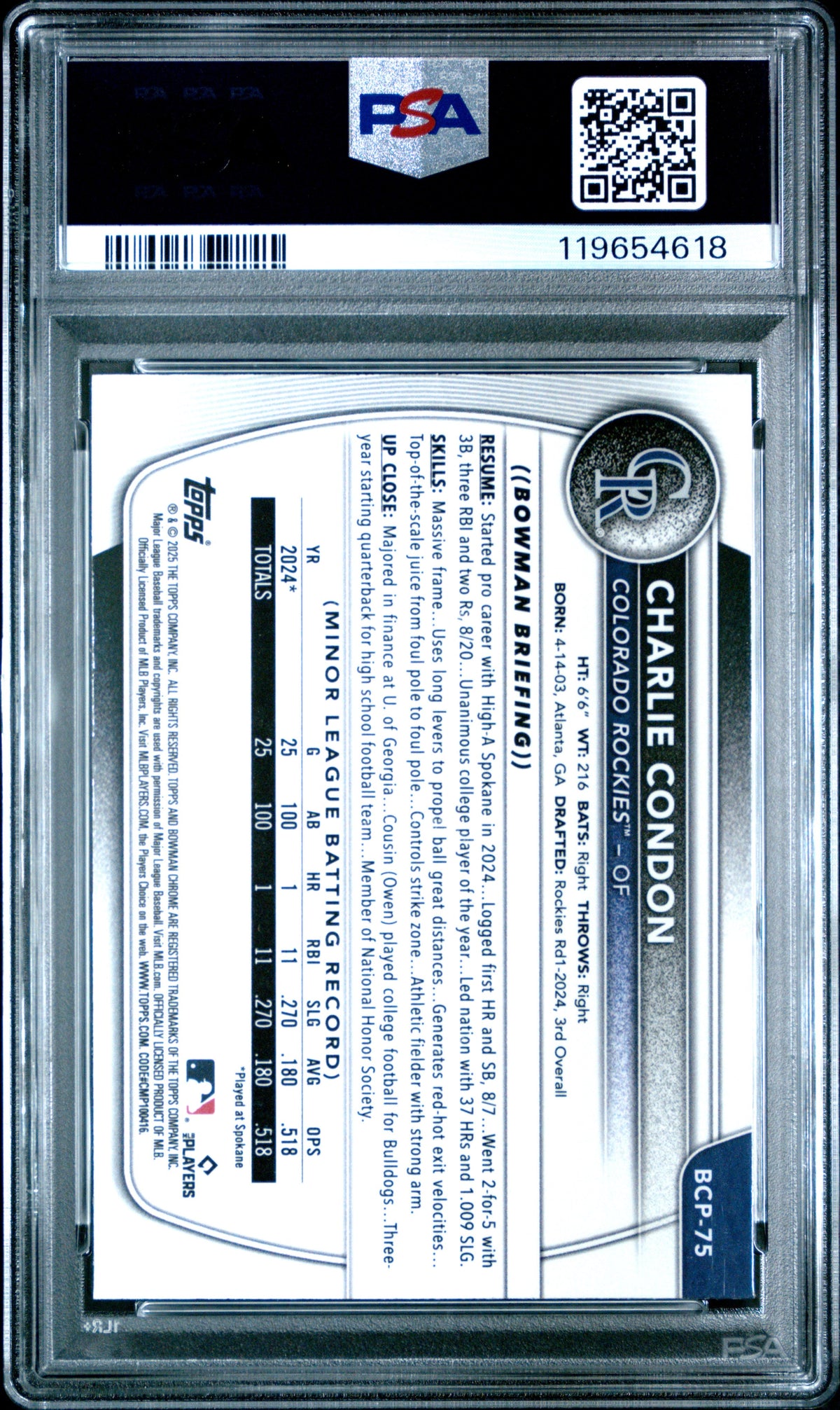 Graded 2025 Topps Bowman Charlie Condon #BCP75 Chrome Prospects Blue Geometric /150 Rookie RC Baseball Card PSA 10 Gem Mint