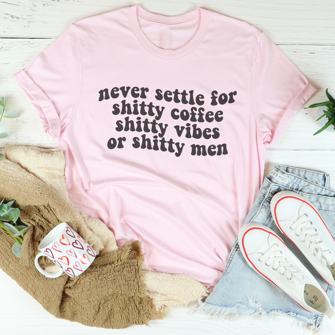 Groovy Retro Coffee Graphic Tee – \"never settle for shitty coffee\"