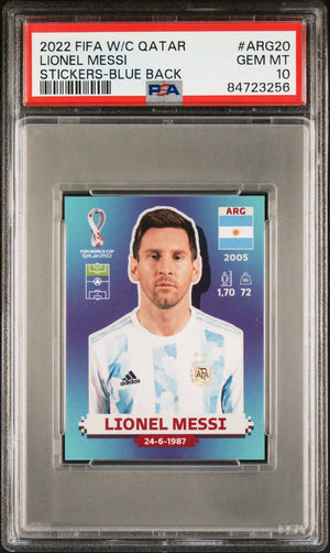 Graded 2022 Panini World Cup Qatar Lionel Messi #ARG20 Stickers Blue Back Soccer Card PSA 10 Gem Mint