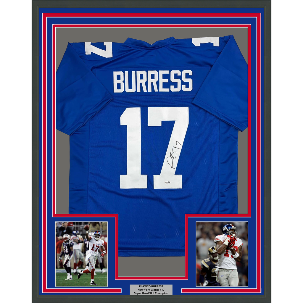 Framed Autographed/Signed Plaxico Burress 35x39 New York Blue Football Jersey JSA COA