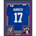 Framed Autographed/Signed Plaxico Burress 35x39 New York Blue Football Jersey JSA COA