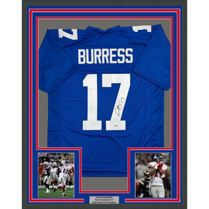 Framed Autographed/Signed Plaxico Burress 35x39 New York Blue Football Jersey JSA COA