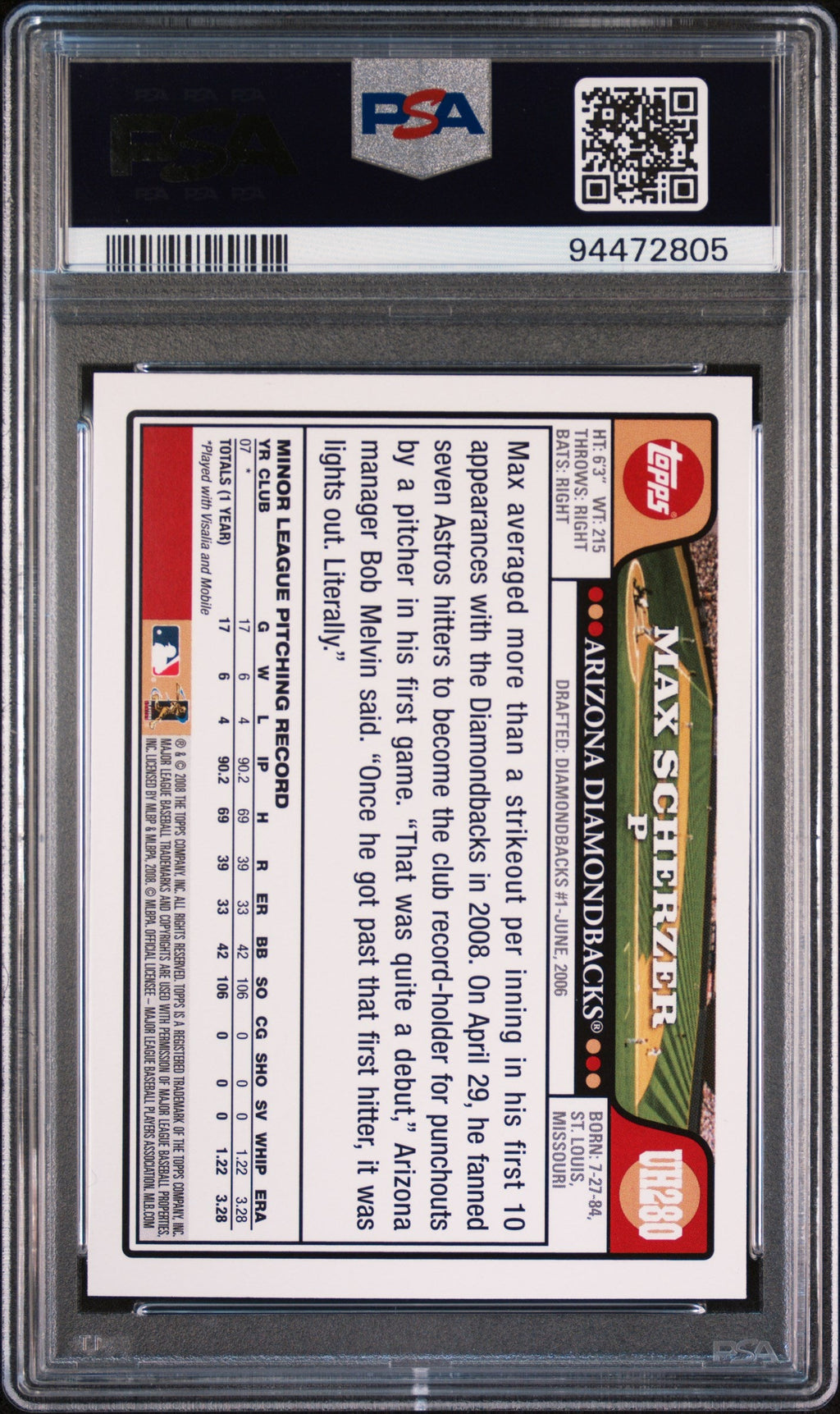 Graded 2008 Topps Update & Highlights Max Scherzer #UH280 Rookie RC Baseball Card PSA 10 Mint