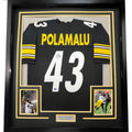 Framed Autographed/Signed Troy Polamalu 35x39 Pittsburgh Black Football Jersey JSA COA