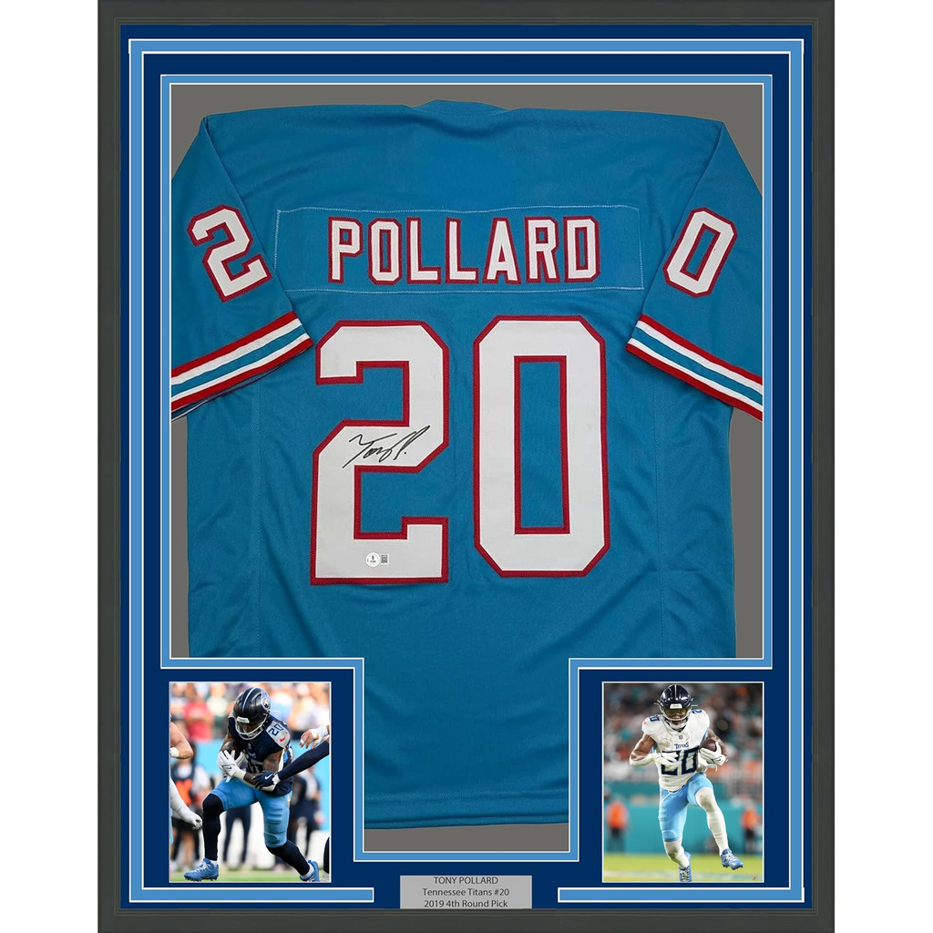Framed Autographed/Signed Tony Pollard 35x39 Tennessee Retro Blue Football Jersey Beckett BAS COA