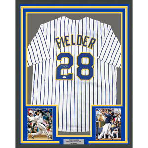Framed Autographed/Signed Prince Fielder 35x39 Milwaukee White Pinstripe Baseball Jersey JSA COA