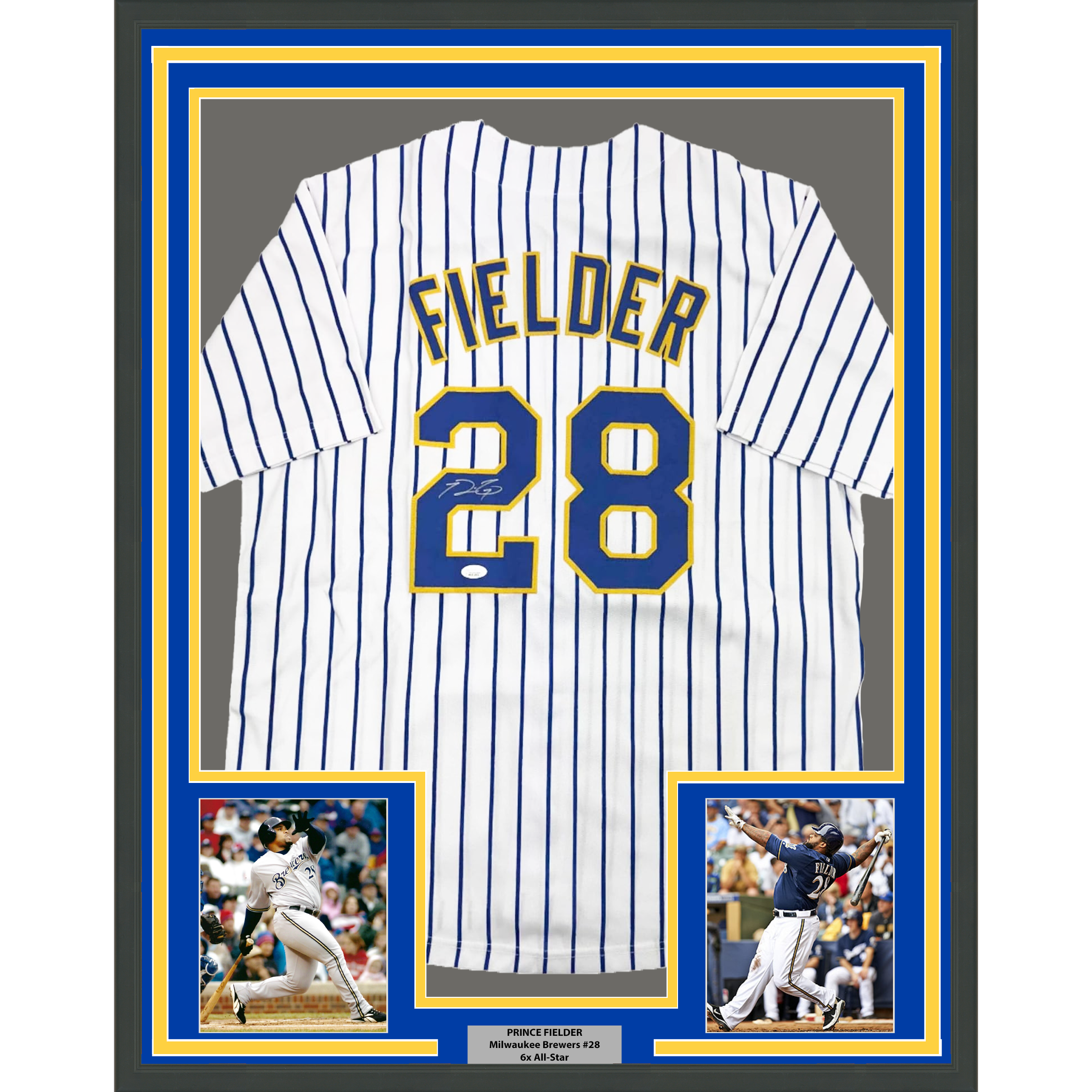 Framed Autographed/Signed Prince Fielder 35x39 Milwaukee White Pinstripe Baseball Jersey JSA COA