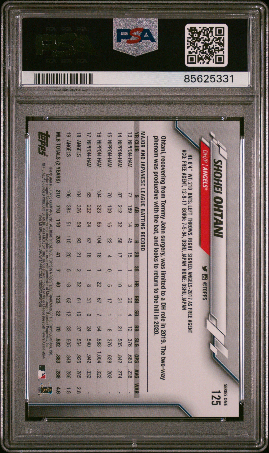 Graded 2020 Topps Complete Set Shohei Ohtani #125 Gold Stars Baseball Card PSA 8 Near Mint