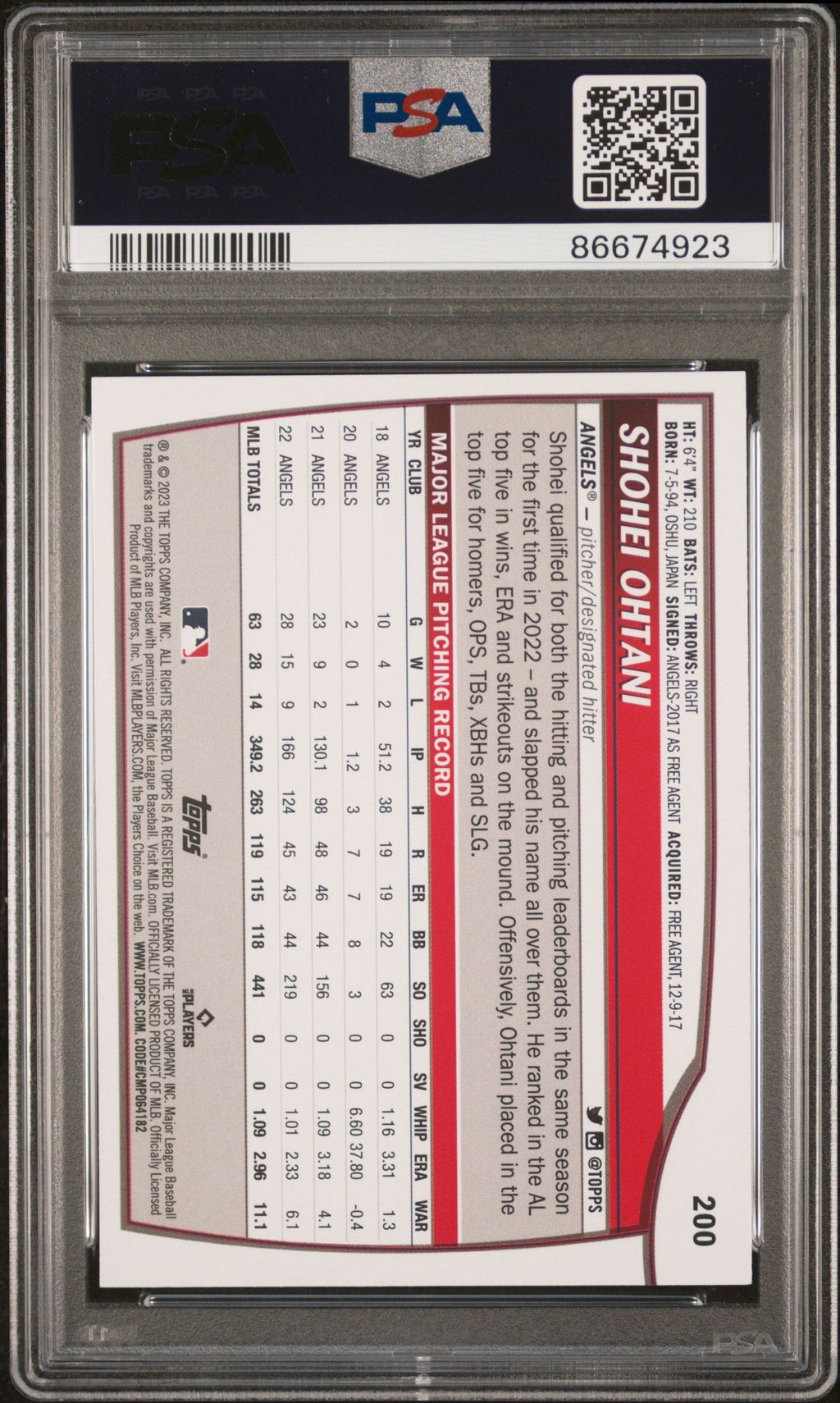 Graded 2023 Topps Big League Shohei Ohtani #200 Baseball Card PSA 9 Mint