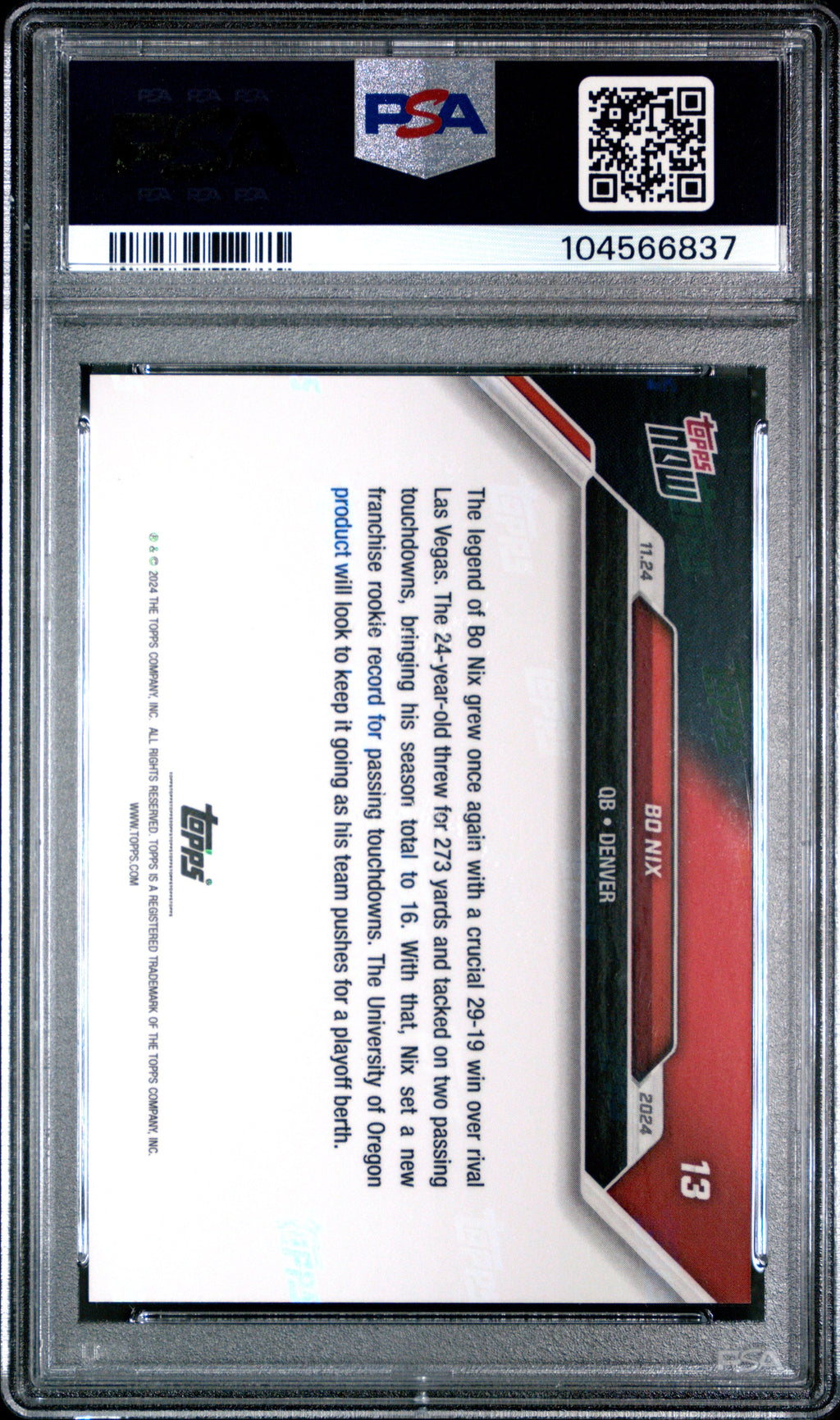Graded 2024 Topps Now Bo Nix #13 Rookie RC Football Card PSA 10 Gem Mint