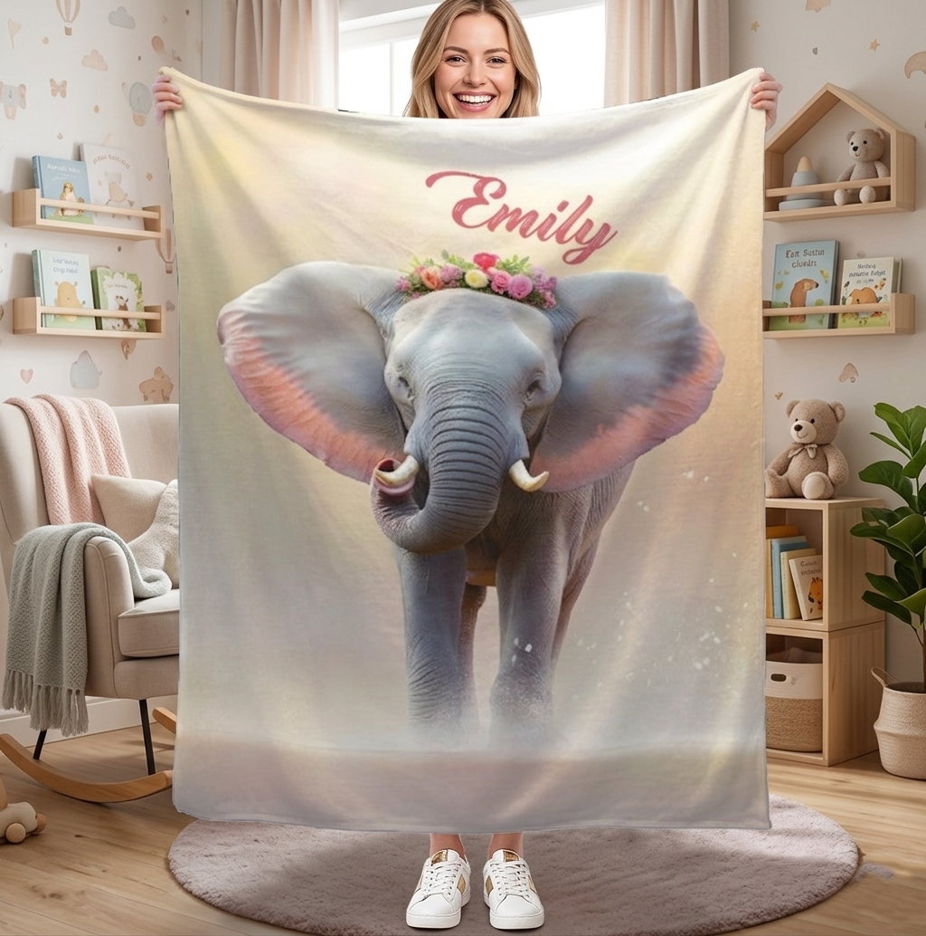 Personalized Elephant Blanket with Name | Custom Girl Gift