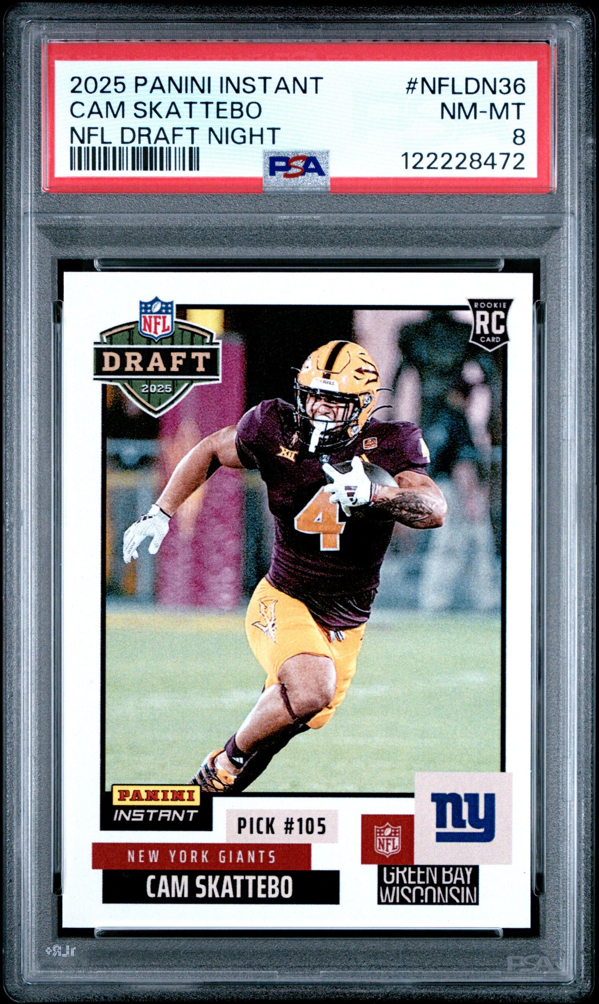 Graded 2025 Panini Instant Cam Skattebo #NFLDN36 NFL Draft Night Rookie RC Football Card PSA 8 Near Mint