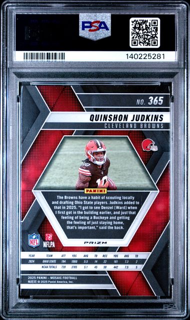 Graded 2025 Panini Mosaic Quinshon Judkins #365 Red Camo Rookie RC Football Card PSA 10 Gem Mint