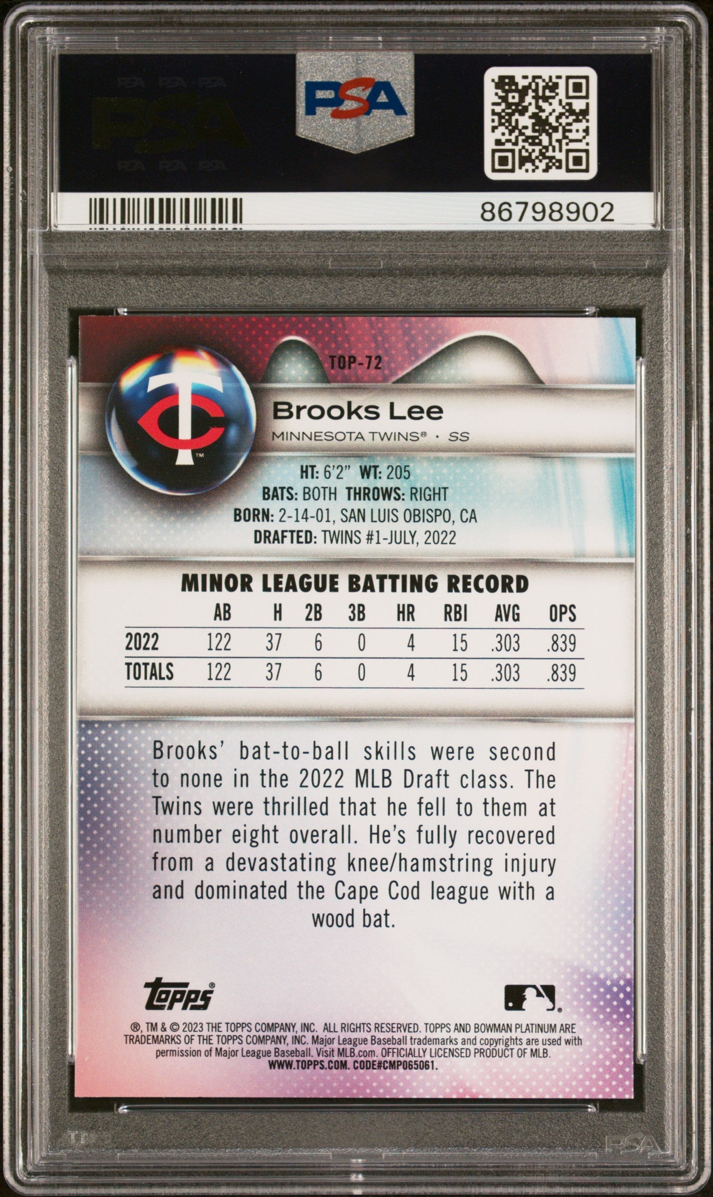Graded 2023 Topps Bowman Platinum Brooks Lee #TOP72 Top Prospects Rookie RC Baseball Card PSA 10 Gem Mint
