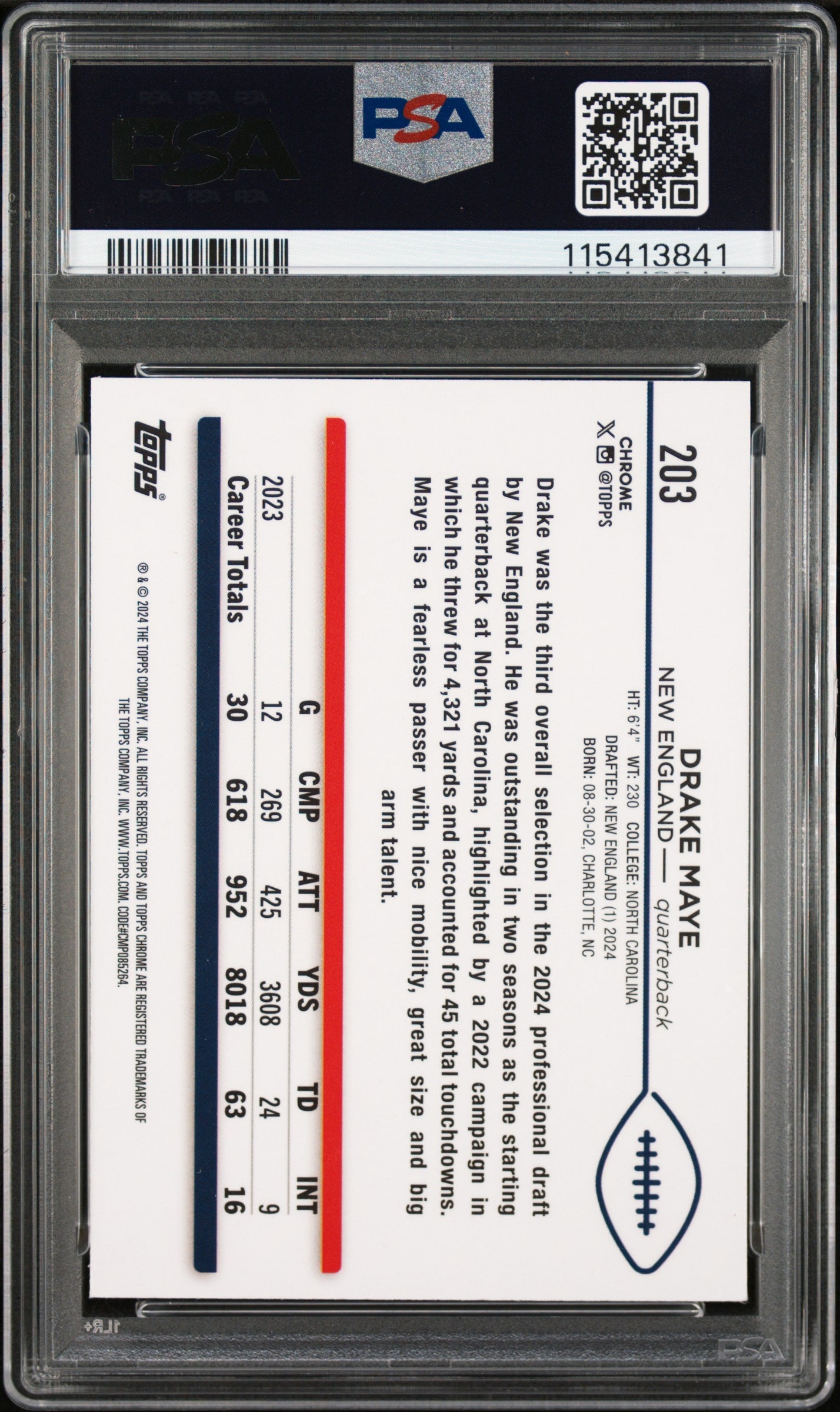 Graded 2024 Topps Chrome Drake Maye #203 Rookie RC Football Card PSA 10 Gem Mint