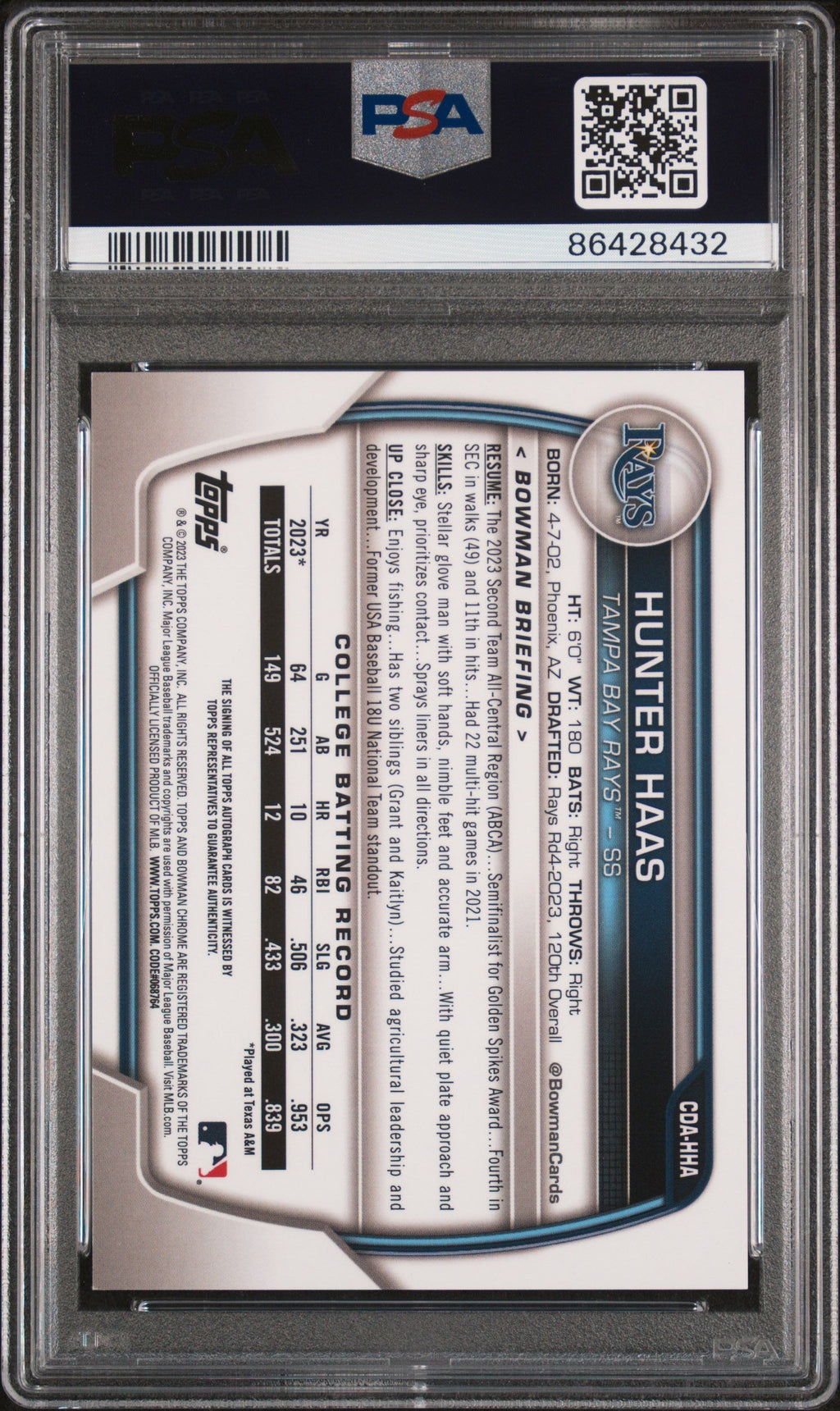 Graded 2023 Topps Bowman Draft Hunter Haas #CDAHHA Chrome Prospects Auto Rookie RC Baseball Card PSA 6