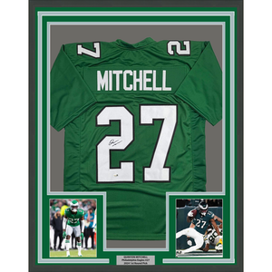 Framed Autographed/Signed Quinyon Mitchell 35x39 Philadelphia Kelly Green Football Jersey JSA COA