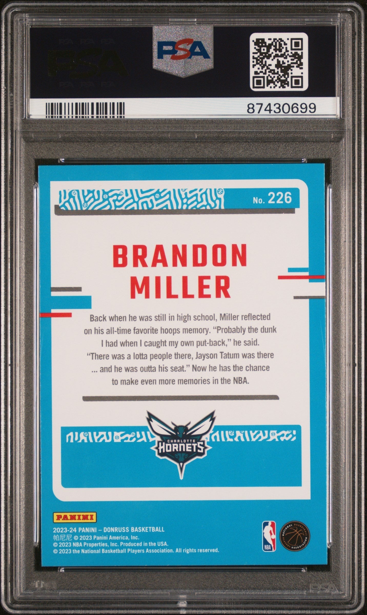 Graded 2023 Panini Donruss Brandon Miller #226 Rookie RC Basketball Card PSA 10 Gem Mint