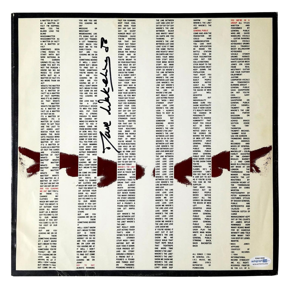 Dave Wakeling General Public Signed Album Sleeve ACOA