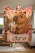 Personalized Capybara Blanket – Custom Name Flannel Throw | Kawaii Boba Tea Gift for Teens