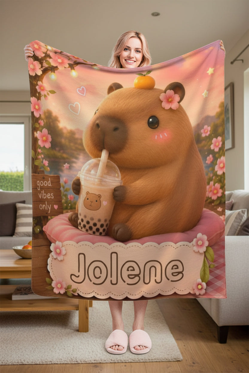 Personalized Capybara Blanket – Custom Name Flannel Throw | Kawaii Boba Tea Gift for Teens