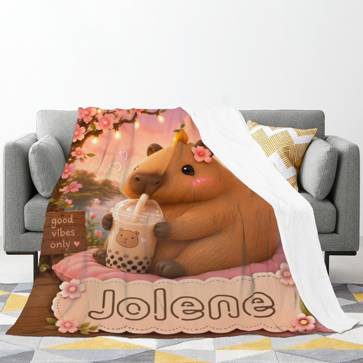 Personalized Capybara Blanket – Custom Name Flannel Throw | Kawaii Boba Tea Gift for Teens