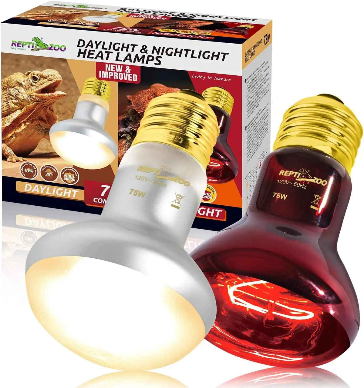 75W Reptile Heat Lamp Bulb 2-Pack, UVA & Infrared, E26