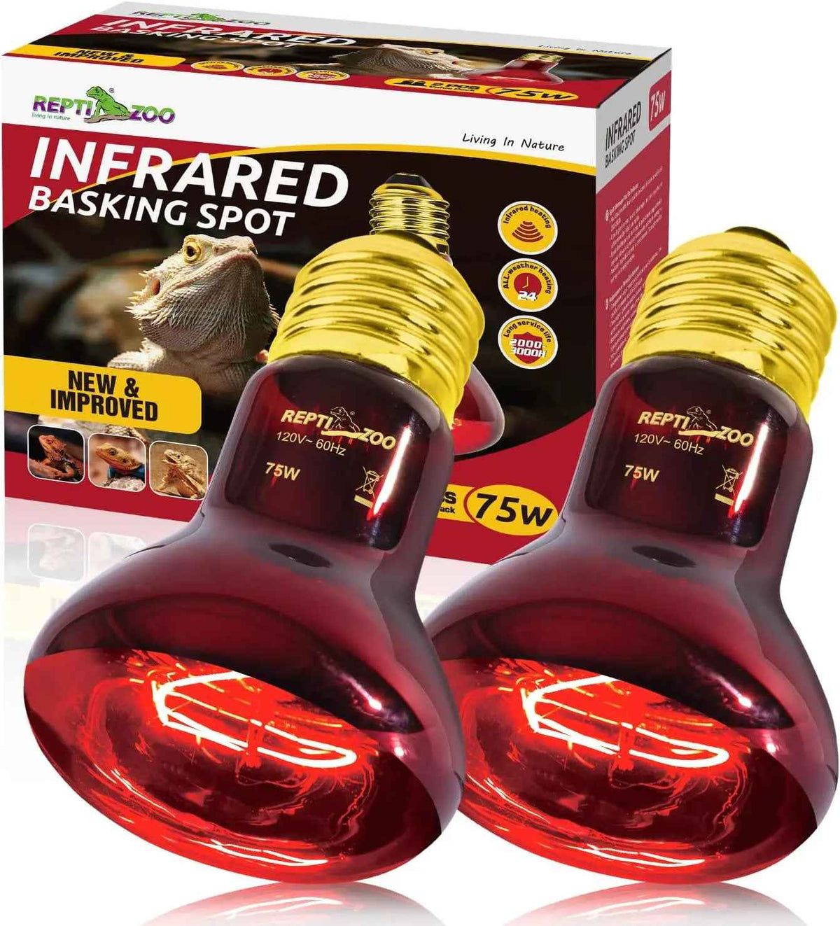 75W Reptile Heat Lamp Bulb 2-Pack, UVA & Infrared, E26