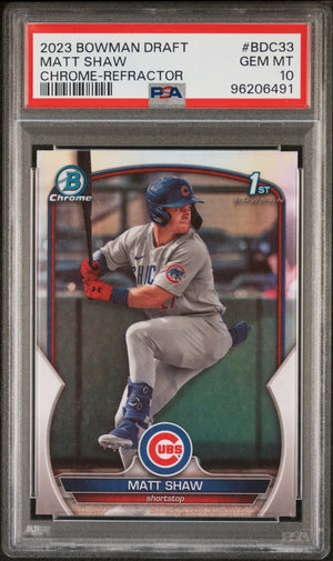 Graded 2023 Topps Bowman Draft Matt Shaw #BDC33 Chrome Refractor Rookie RC Baseball Card PSA 10 Gem Mint