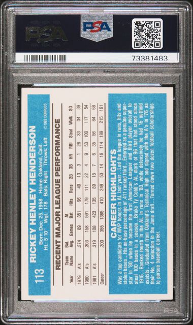 Graded 1982 Donruss Rickey Henderson #113 Baseball Card PSA 5 EX
