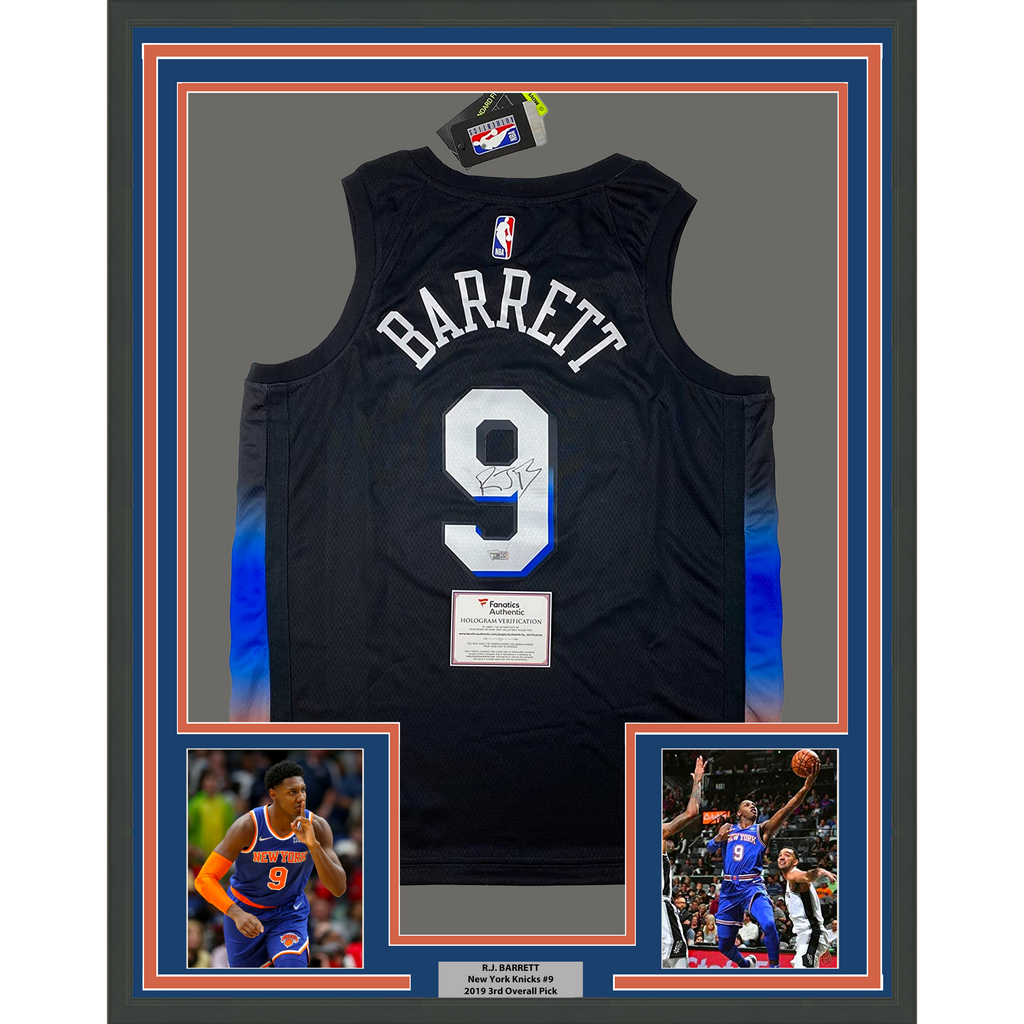 Framed Autographed/Signed RJ R.J. Barrett 35x39 New York Knicks Black City Basketball Jersey Fanatics COA